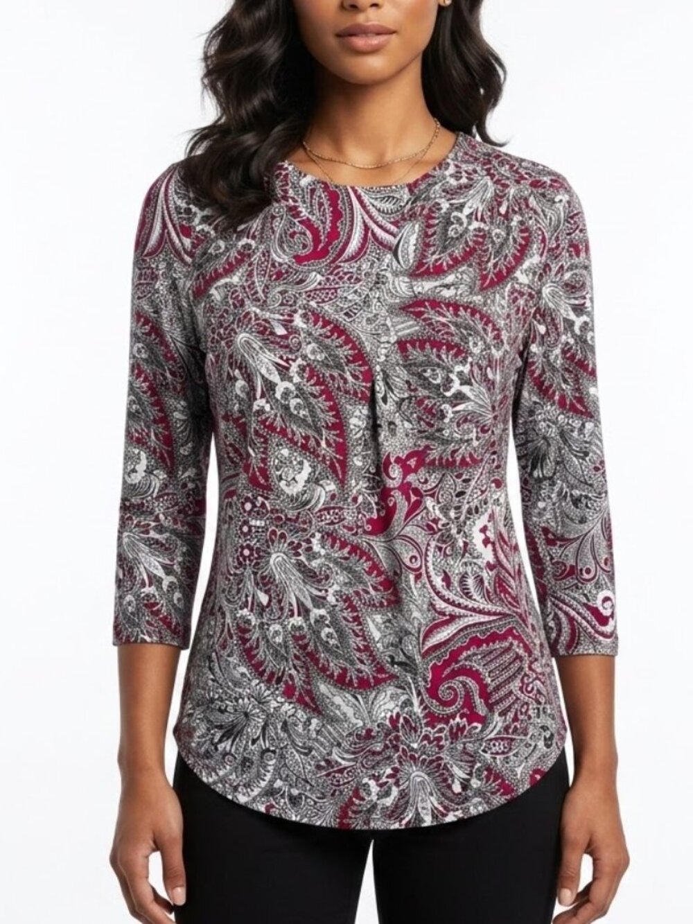 Liz Claiborne Corporate Goth Paisley Keyhole 3/4 Sleeve Top Small